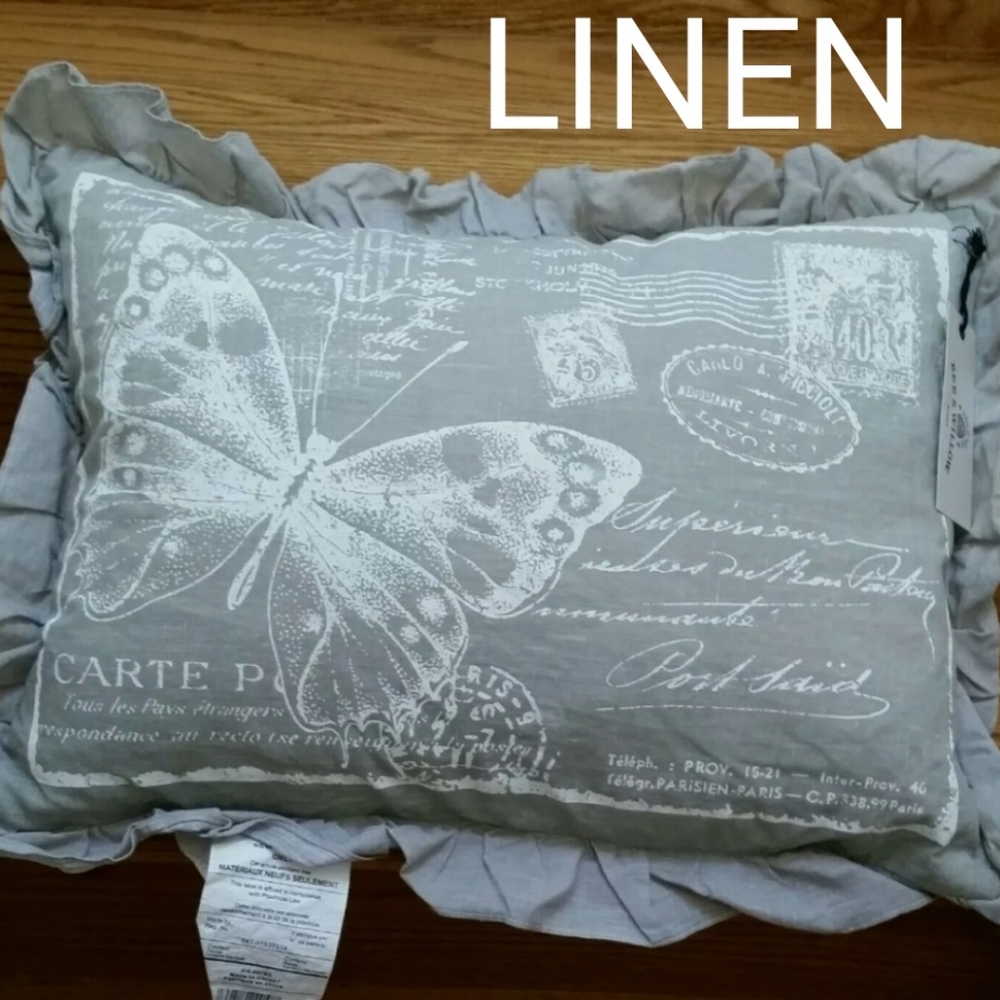 Bee & Willow 100% Linen Ruffle Decorative Butterfly Pillow gray